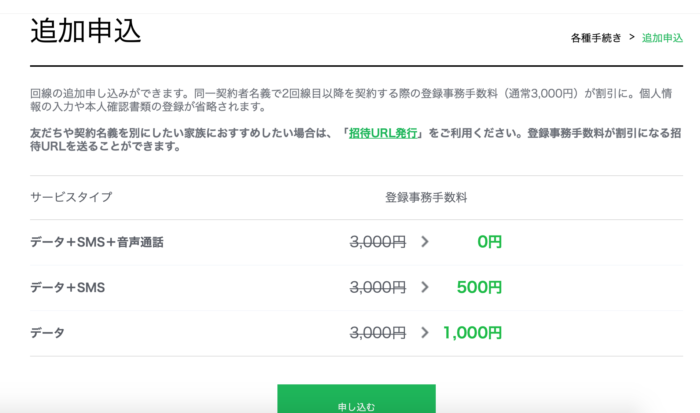 LINE mobile 追加申込　手数料お得