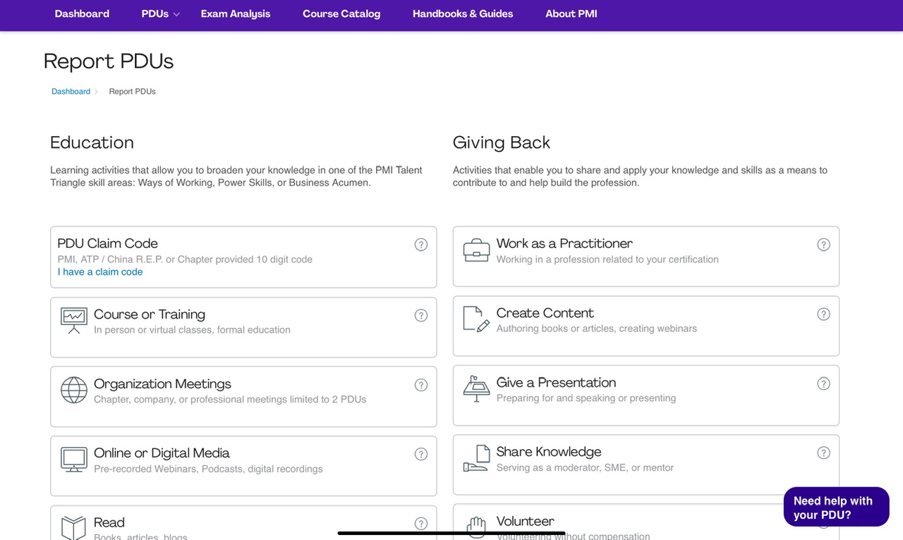 PMP PMI Report PDUs page